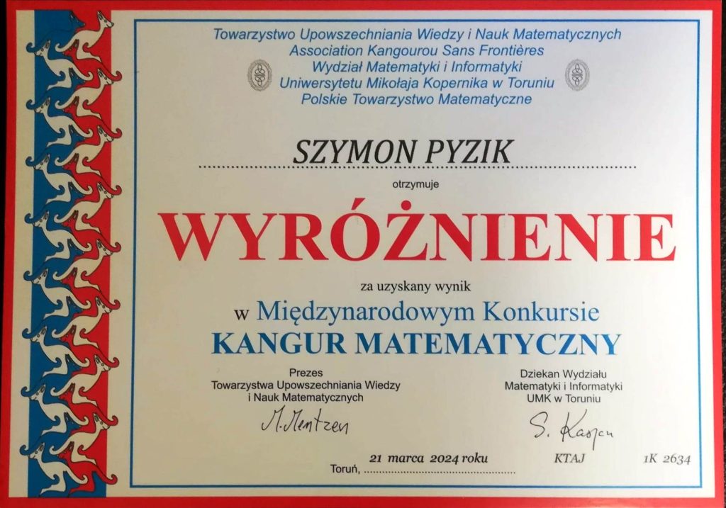 Wyróżnienie w konkursie Kangur Matematyczny